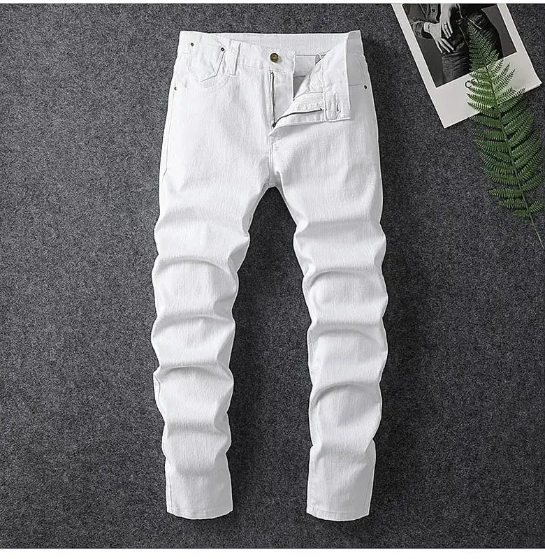 Four season men's fashionable white casual stretch straight leg jeans comfortable and versatile tight fitting sports pants
