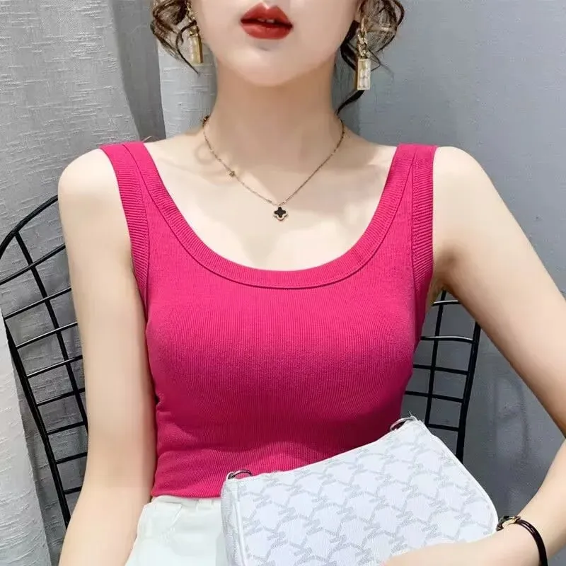 2023 Summer Women Basic Ribbed Knitted Tank Top Solid Color Sleeveless T-shirts Casual Camis Green Blue Elastic Female Tops — image 15