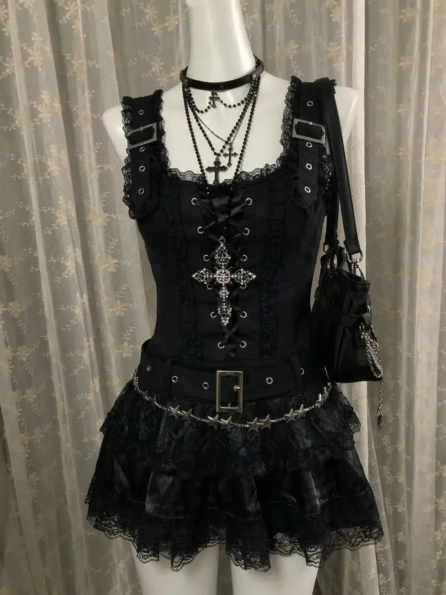 Estate Y2k dolce nero Lolita abito donna abbigliamento casual giapponese Kawaii abito da sera abbigliamento da festa capispalla Vintage Chic Nuovo