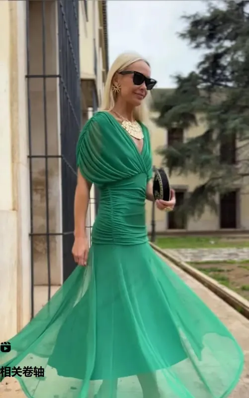 المرأة الصلبة العميق الخامس الرقبة شبكة فستان طويل أنيق نفخة كم قصير Ruched الخصر عالية فيستدوس 2026 الصيف سيدة رداء الشارع عادية
