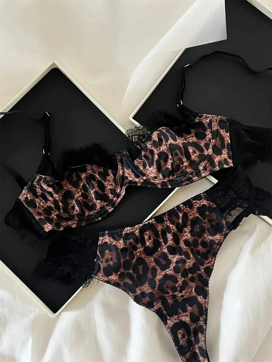 French Underwear Set Leopard Sexy Steel Ring Lace Triangle Cup Bra Brief Suits Vintage Fashion Push Up Lingerie Ins Bodycon — image 4