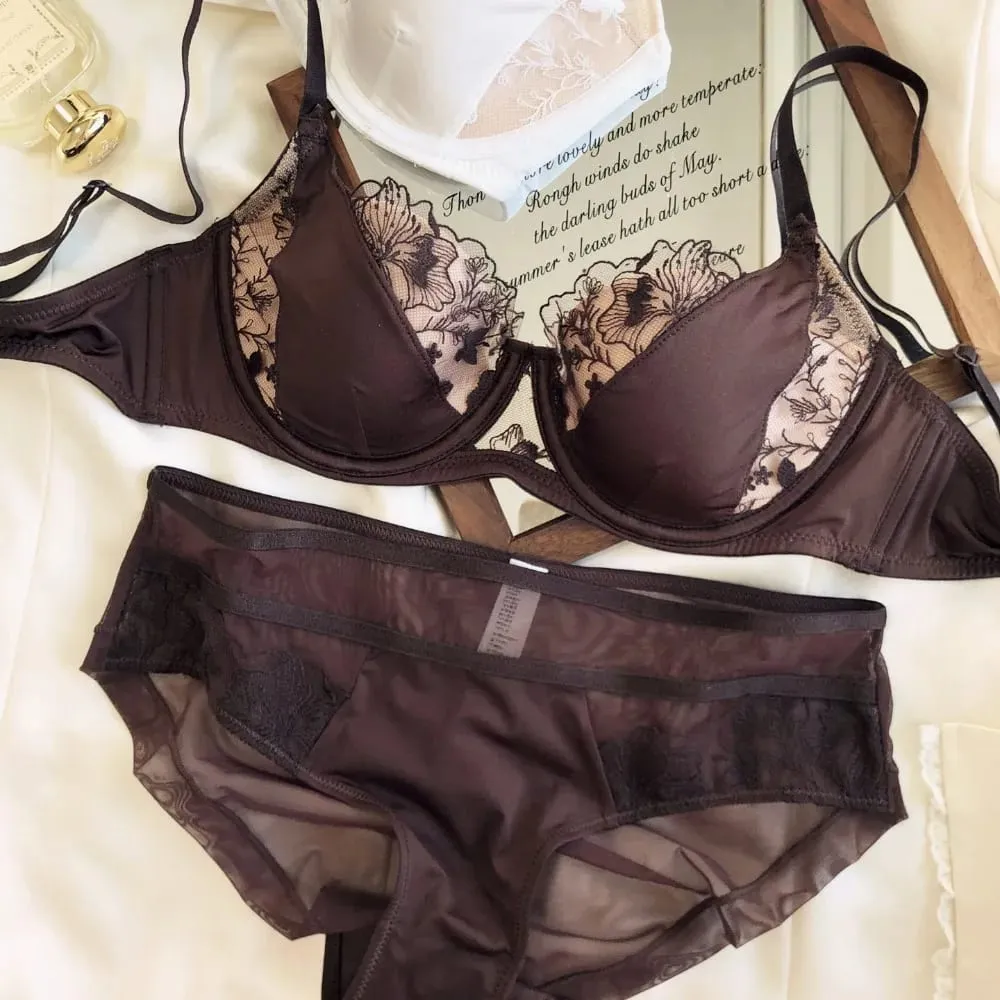 French Retro Color Block Lace Bra Set Soft Underwire Minimizer Thin Cup Lift Support Lingerie Set Women Size 34-40ABC — image 6