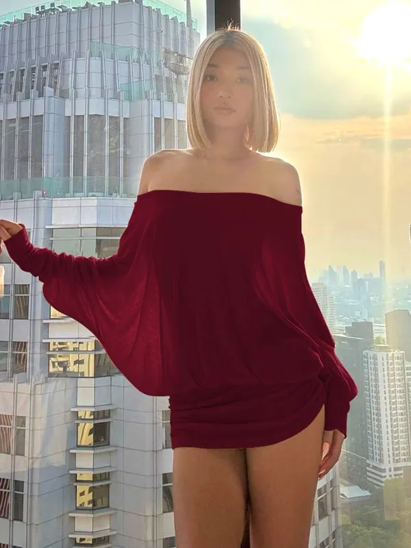 Dulzura Off Shoulder Long Sleeves Ruched Patchwork Mini Dress Women’S Sexy Elegant Casual Outfit Party Clubwear Spring Summer — image 9