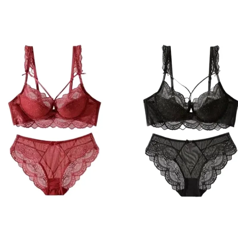 Elegante set di lingerie in pizzo stile francese attillato regolabile raccoglie busti più grandi look più piccolo reggiseno morbido da donna S-2XL reggiseno confortevole — image 1