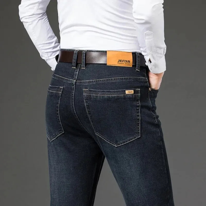 Large Size 40 42 44 46 2025 New Business Casual Stretch Trousers Classic Blue Denim Pants Male Men's Loose Straight Jeans — image 3