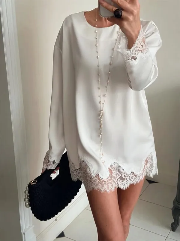 Hellblaues Spitzen-Satin-Rundhalskleid für Damen, elegantes, seitlich gebundenes, langärmliges, weiches, kurzes Kleid, 2026, tägliches Urlaubs-Party-Sommerkleid — image 5