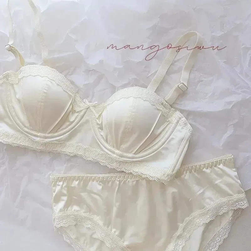 Exquisite Light Luxury Sexy Satin Underwear Thin Women's Summer Soft Steel Ring Half Cup Bra Set Bras for Women