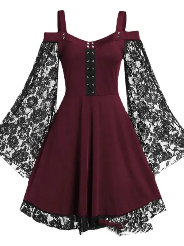 2022 New Gothic One-shoulder Lace Stitching Flared Sleeve Dress Literary Vintage Autumn Grunge Black A-line Dress Punk Partywear