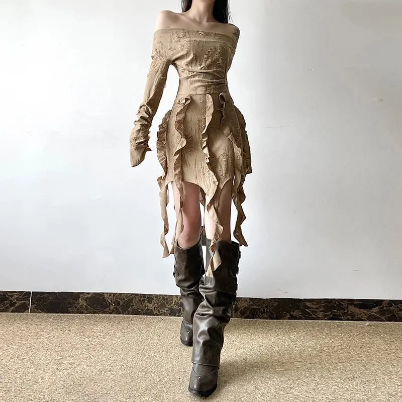 One-shoulder Long-sleeved Dress with Frilly Hem and Irregular Pattern - Simple Solid Waist-length Skirt maxi dresses for women — image 2