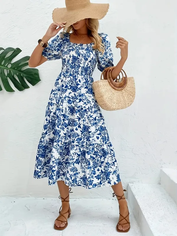 Elegancka długa sukienka z kwiatowym nadrukiem z kołnierzykiem i kwiatowym nadrukiem Sukienka maxi Moda damska Elegancki styl