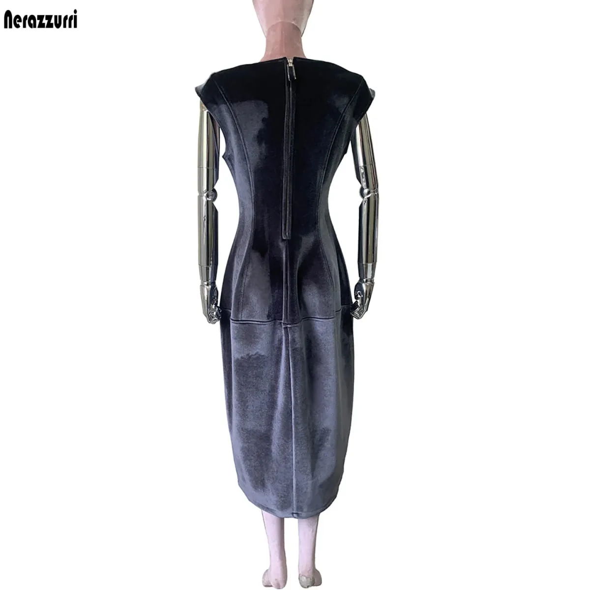 Nerazzurri Summer Autumn Long Luxury Elegant Luxury Fitted Dark Gray Sleeveless Soft Velvet Modest Dresses for Woman High Waist — image 1