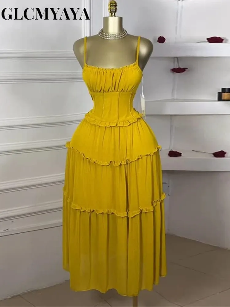 Women Strap Sleeveless Ruffles A-line Midi Maxi Long Dress 2025 Summer Beach Holiday Vacation Vestidos Dresses — image 2