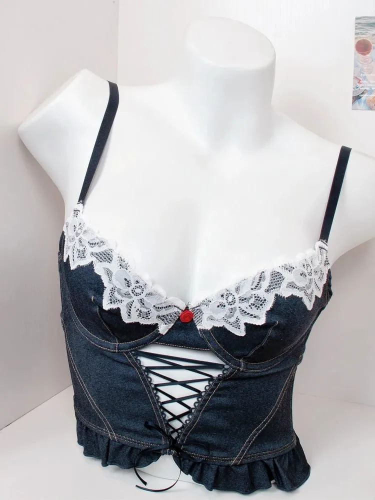 Cross camisole women's underwear with bra pads thin undershirt spaghetti straps lingerie set elegant lace denim underwear — image 7