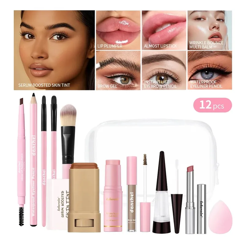 12Pcs Full Face Makeup Set Base Concealer Foundation Stick Blush Palette Eyebrow Pencil Lip Plumper Lipstick Skin Color Stick