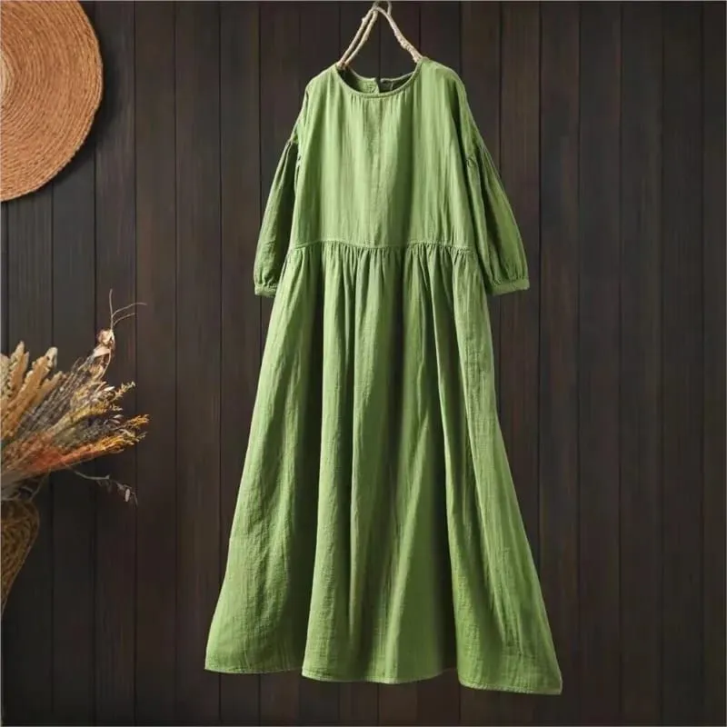 Johnature Women Vintage Cotton Dresses O-Neck Half Sleeve Soft Solid Color Robes 2025 Summer New Casual A-Line Female Dress — image 2