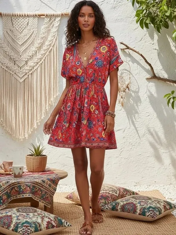 Vintage Chic Women Peacock Květinový potisk Hluboký výstřih do V Bohémské minišaty Dámské Krátký rukáv Happie Beach Boho šaty Vestidos — image 7