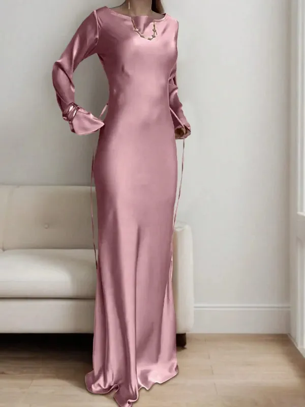 Abito lungo da donna in raso su misura con corsetto in vita, scollo rotondo classico e abito da sera di lusso con maniche svasate drammatiche — image 6
