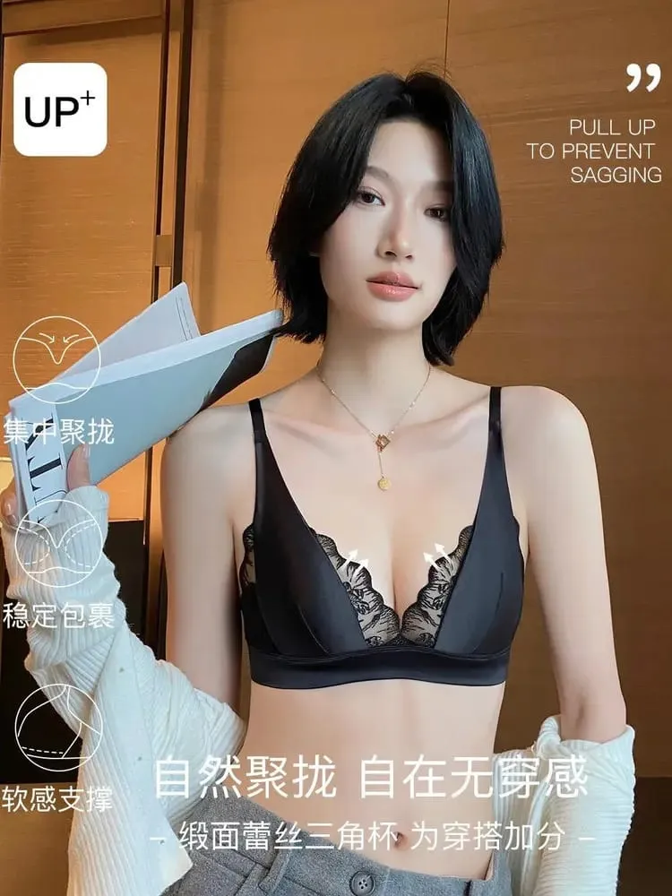 Reggiseno estivo sexy Sin Aros Lingerie francese Encaje Triangulo Pecho Pequeño Bralette Suave Puro Deseo Saten MOYISU 32-38-S-XL AB — image 5