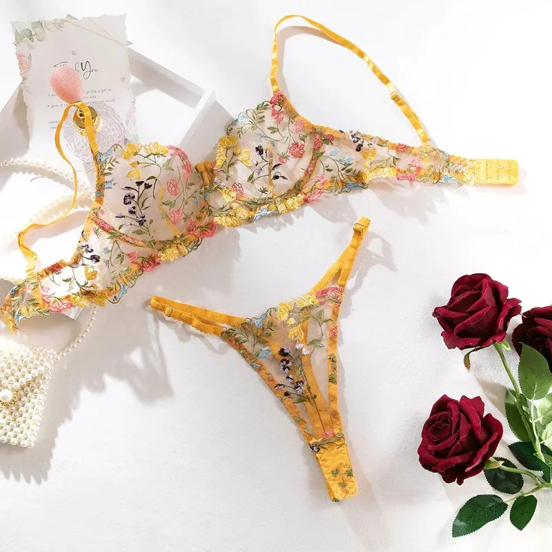 Yimunancy Floral Embroidery Lingerie Set Women Sheer 2-Piece Boho Bra + Panty Underwear Set Intimates — image 7