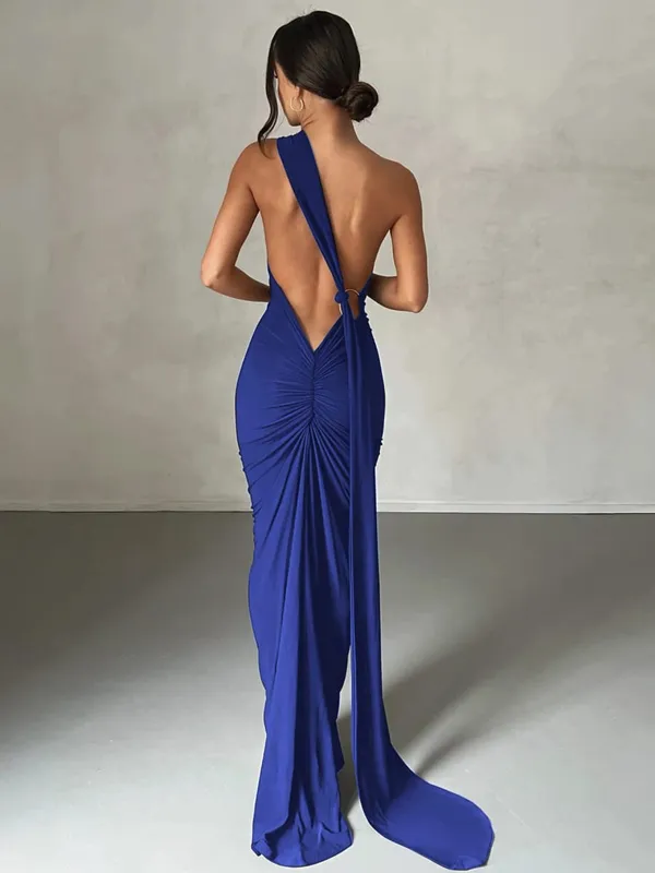 Hugcitar One Shoulder Backless Adjustable Scarf Loop Ruched Sexy Maxi Dress Women Elegant Y2K Streetwear Festival Outfit — image 12