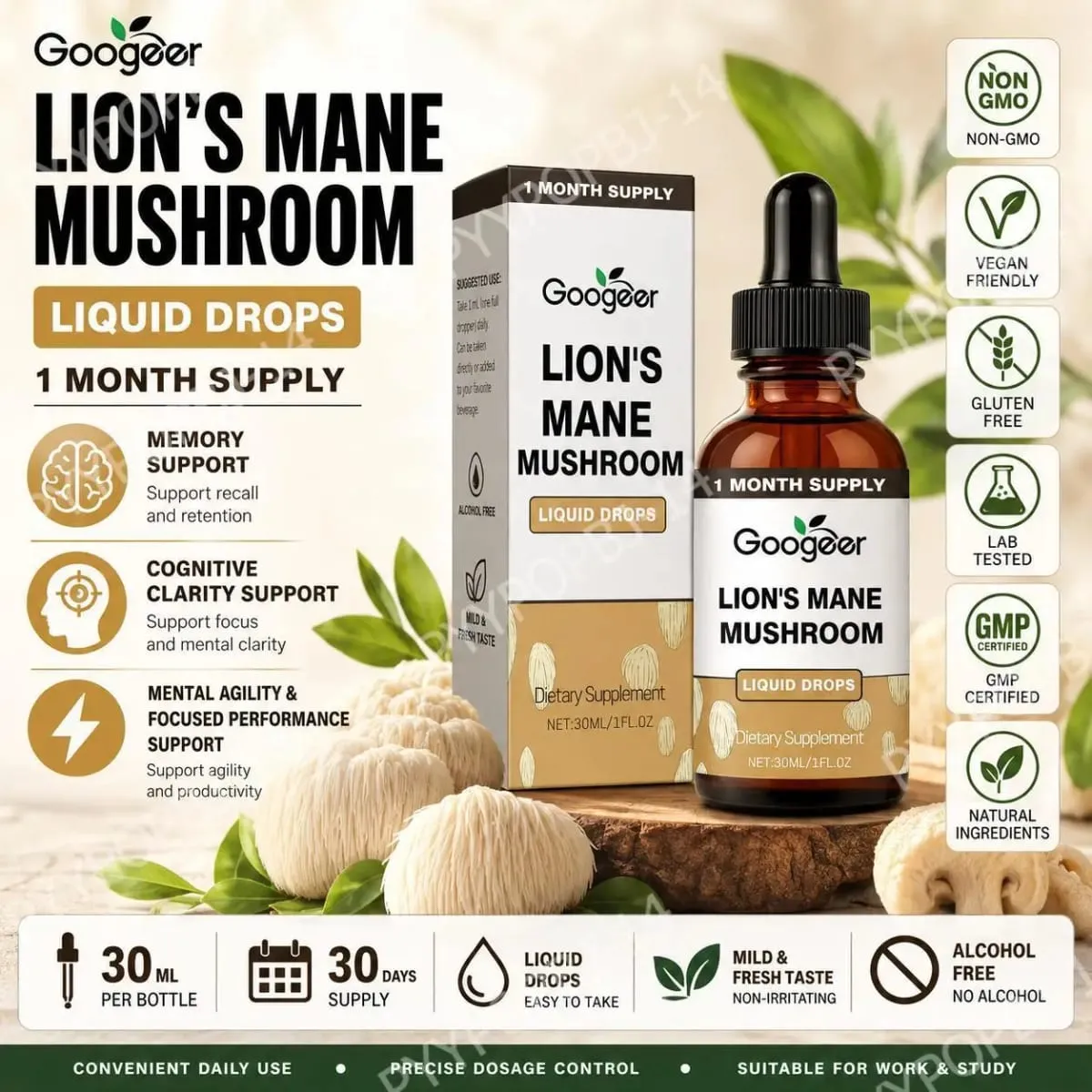 Googeer Lion's Mane Mushroom Liquid Drops الذاكرة ودعم التركيز للوضوح المعرفي والرشاقة العقلية خالية من الكحول 30 مل — image 1