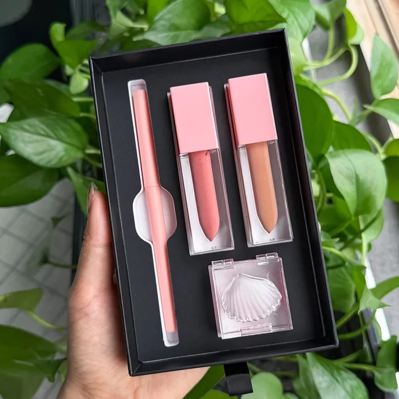 4 Buah/Kit Makeup Vegan Lip Gloss Matte Lipstik Lip Liner Masker Bibir Set Label Pribadi Logo Kustom Grosir