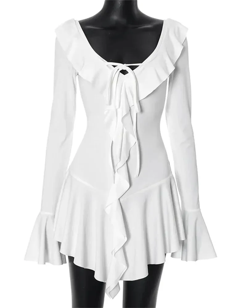 Tossy Ruffled Lace-Up White Mini Dress Women's V-Neck Patchwork Long Sleeve Sexy Slim Dress Bandage Elegant Female Summer Dress — image 7