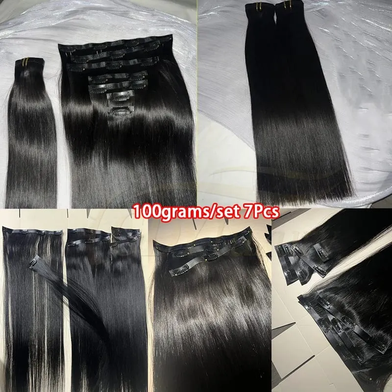 Invisible Seamless Clip Ins Bone Straight Human Hair Unprocessed Raw Hair PU Weft Extensions Full Head 7Pcs/Set Clip on Hair — image 6