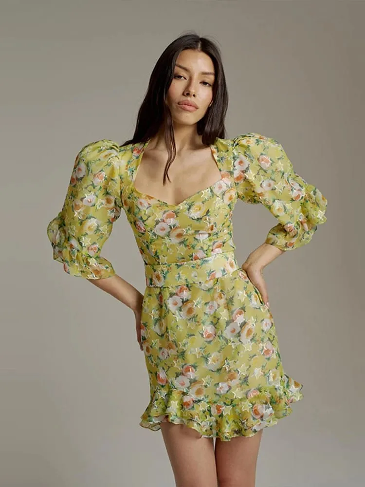 พิมพ์ลายดอกไม้ด้านข้างแยกVคอมินิเดรสSlim Fitwaist Cinchingพัฟแขน 2026 ฤดูร้อนElegant Women PartyหวานVestidos — image 4