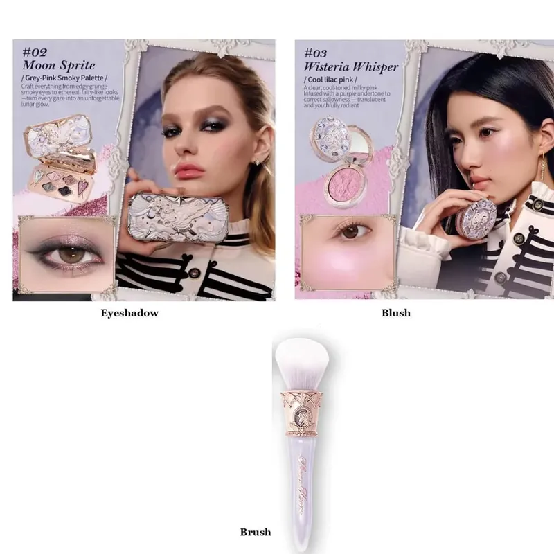 Flower Knows Moonlight Mermaid Series Glitter Eyeshadow Palette High Pigment Shell Jewelry Blush Makeup Brush Set Matte Finish