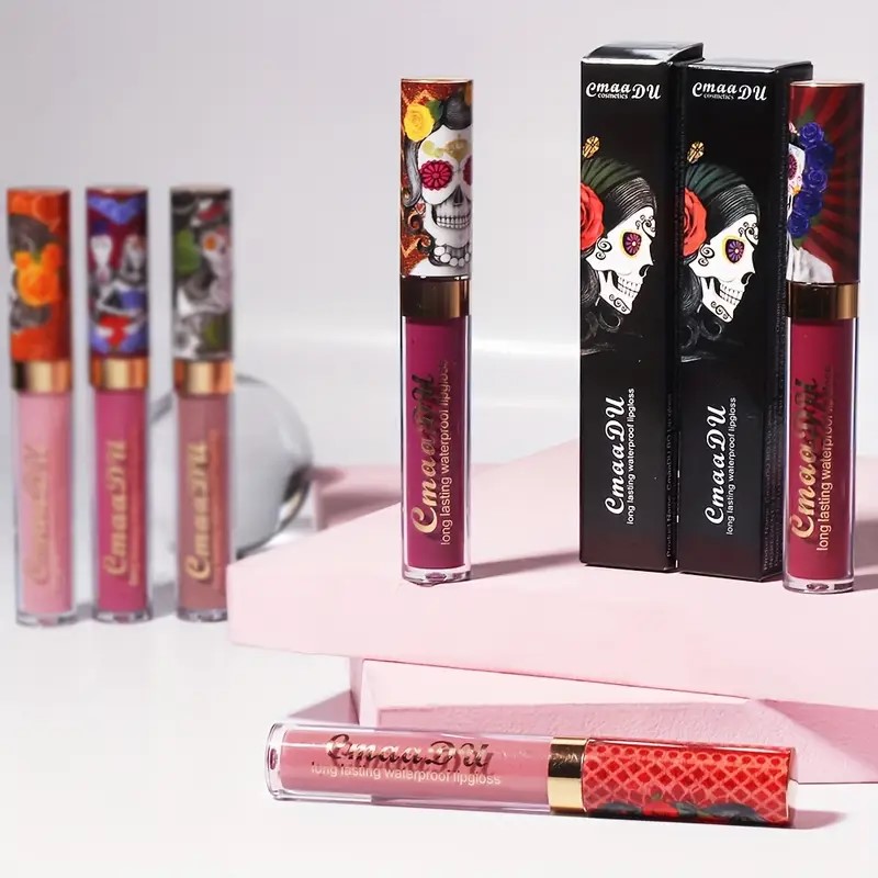 1pcs Matte Lip Gloss - Long-Lasting Waterproof Non-Fading for All Skin Types - Vibrant Red Shades with Floral & Skull Designs — image 7