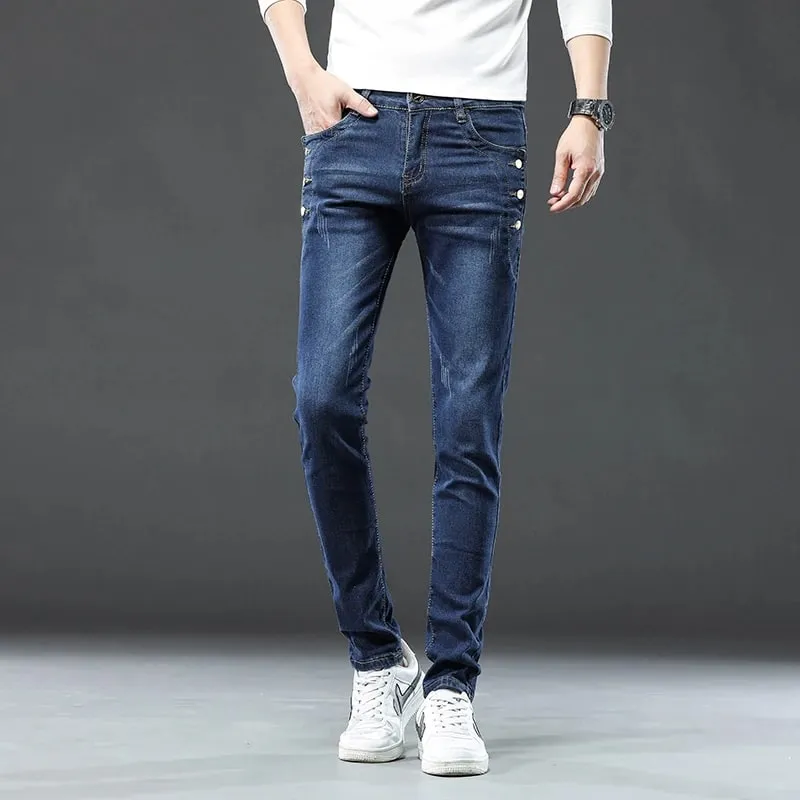 New Men Slim Korean Button Jeans Black Skinny Solid Color Stretch Multi-button Youth Male Denim Pants Streetwear — image 3