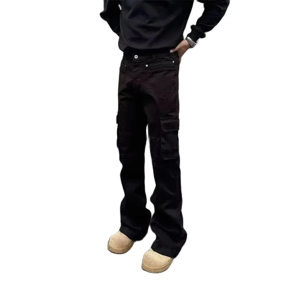 American style Vibe retro heavy industry multi pocket splicing workwear jeans men's straight tube micro flared slim fit long pan — image 8