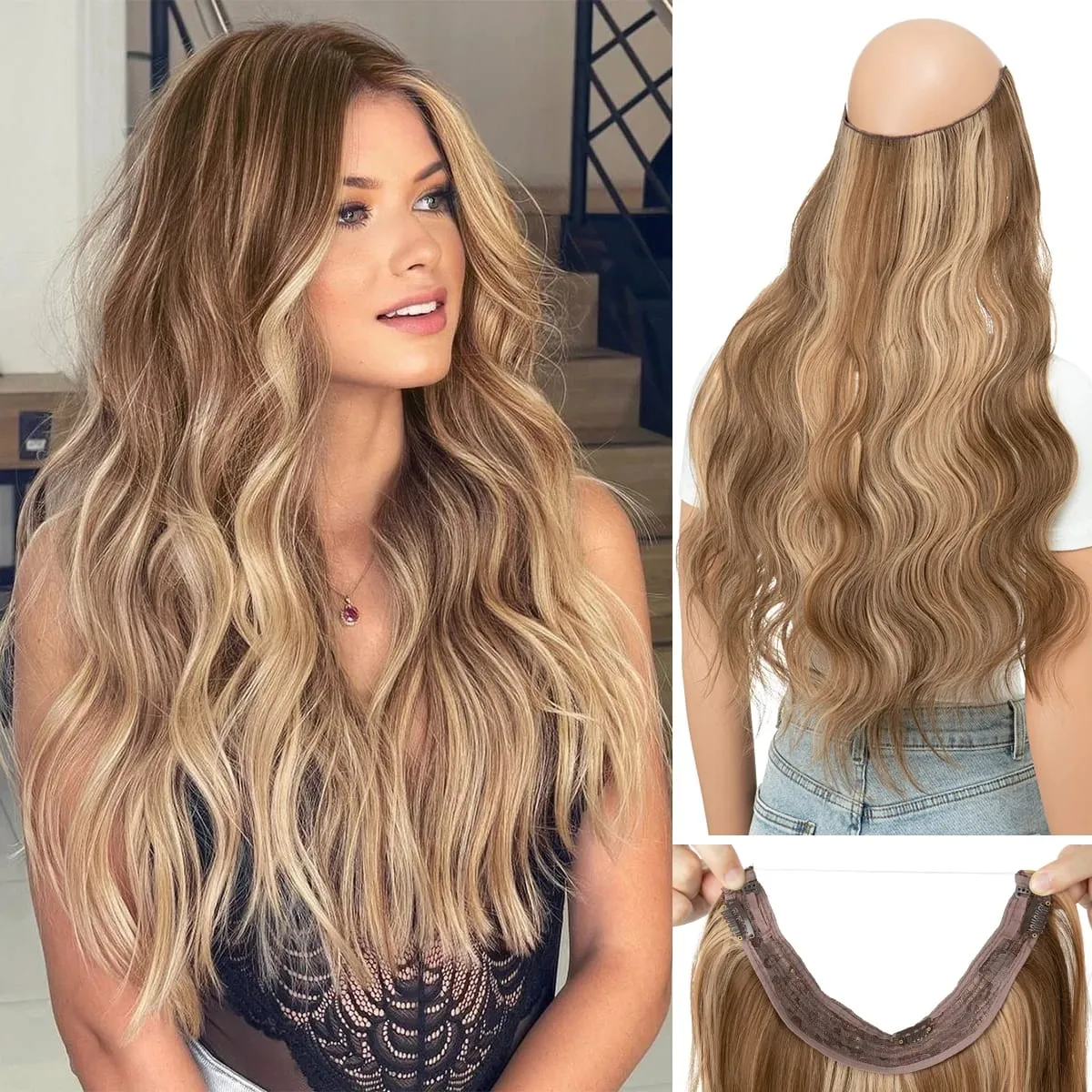 Synthetic Wave Invisible Clip in Hair Extensions Fish Line Ombre One Piece Natural Hairpiece Fake Blonde Hair Piece — image 18