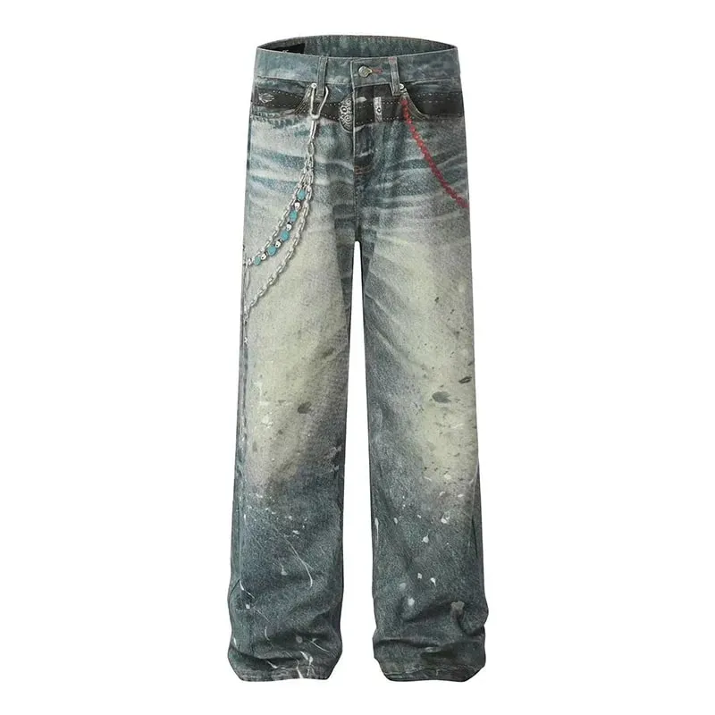 Niche Design Men's Denim Pants Chain Printing Contrast Color Splash-ink Casual Wide Leg Vintage Loose Male Jeans 9W4170