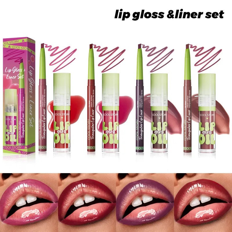 2 Buah Set Lip Liner Lip Gloss 2 In 1 Lipstik Kit Rias Kontur Bibir Halus Lipliner Matte untuk Wanita Kosmetik Kombo Minyak Menepuk-nepuk