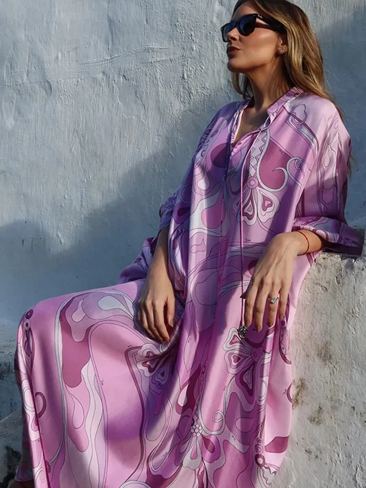 Oversized Women's Print Kaftan Maxi Dress With Pink Pattern Loose Fit Full Sleeve Long Dresses Summer Beach Vacation Outfit Robe — image 6