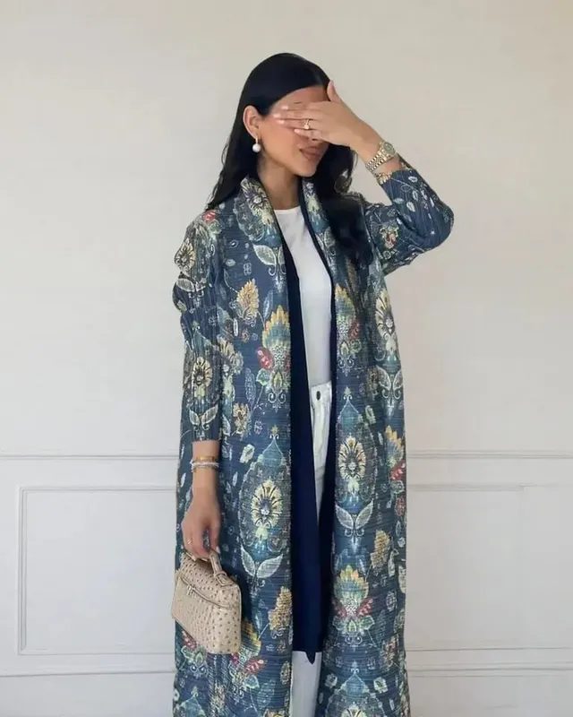 Women's Fold Miyake Pleated Abaya Long Sleeve Print Foldable Collar Robe Cardigan Coat New Winter Fashion Original Design 2026 — image 1