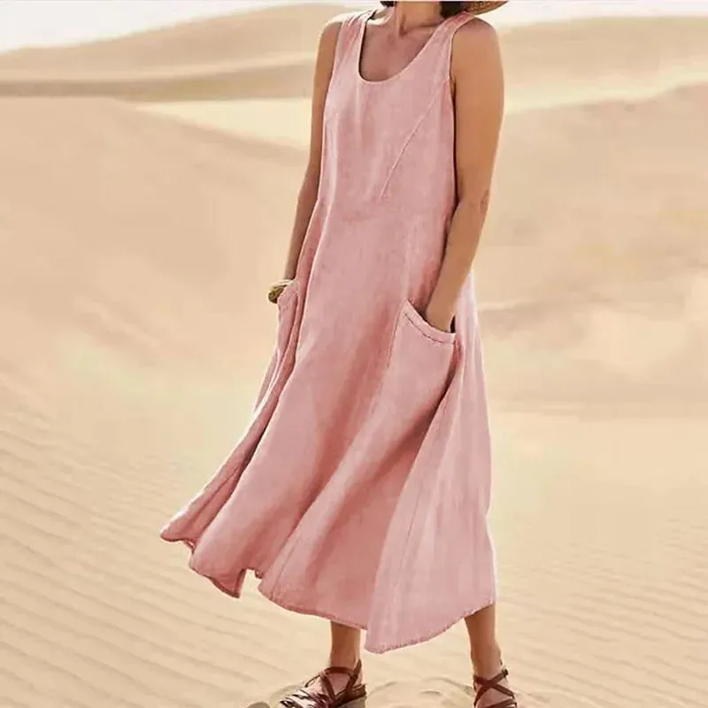 Sleeveless Suspenders Cotton Linen Dress Women Side Double Pocket Splicing Solid Color Dresses Women Summer Casual Commuter Gown — image 3