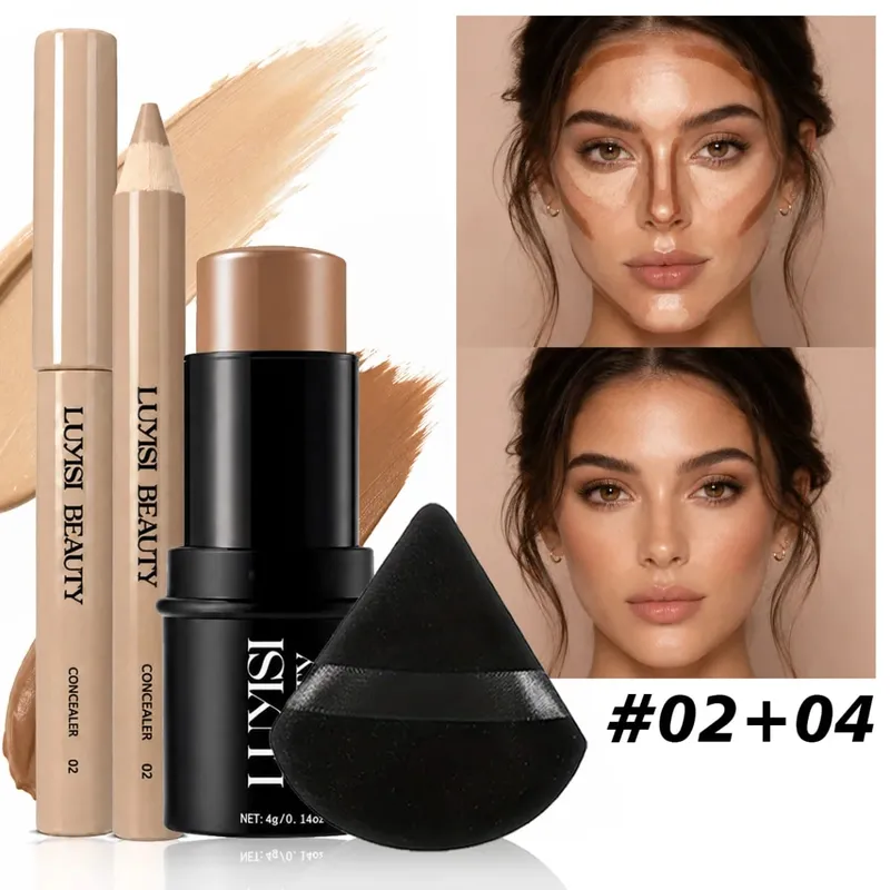 3pcs/Set Face Makeup:1pc Concealer+1pc Contour+1pc Blending Puff Waterproof Velvet Matte All-Day Wear - Buildable Coverage.