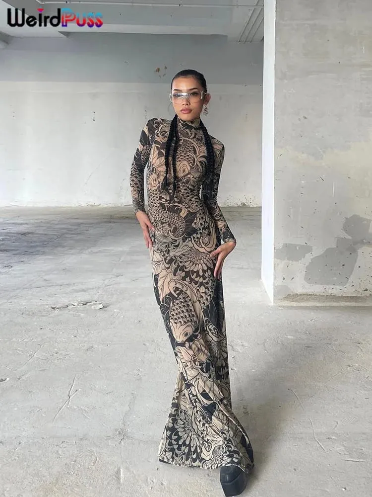 Weird Puss Mesh Print Frauen Maxi Kleid Rollkragen Volle Hülse Bodycon Herbst Trendy Hipster High Street Party Y2K Attirewear — image 4