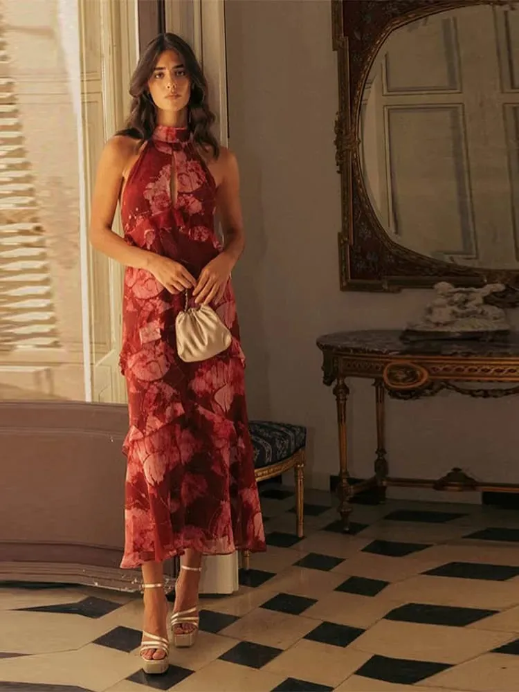 Blomstertryk Halter Neck Cutout Maxikjole Tiered Flæser Ærmeløs 2026 Sommer Kvinder Feriekjole Mode Boho Lady Vestido — image 2