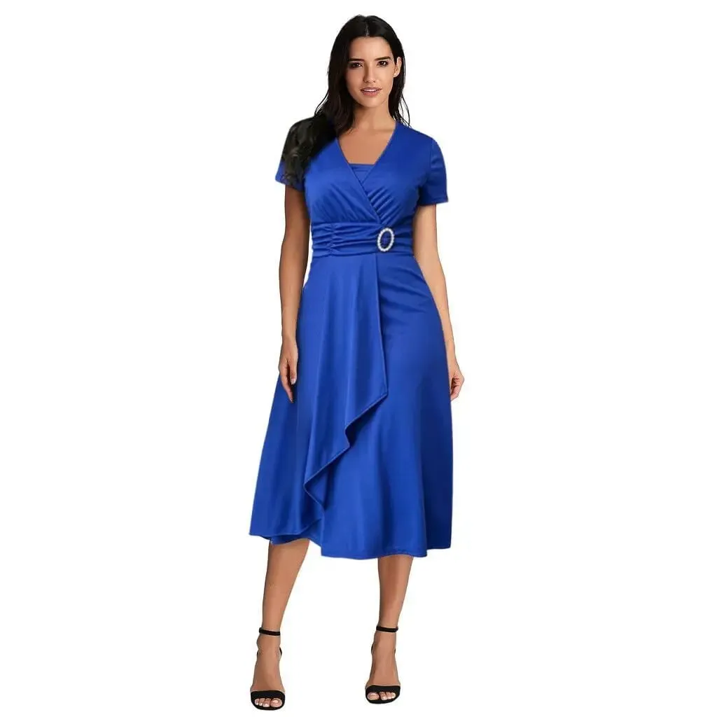 Elegant Women Solid Color Short Sleeve V Neck Asymmetric Hem Waist Tight Midi Party Dress Ladies Evening Vestidos DF4916 — image 4