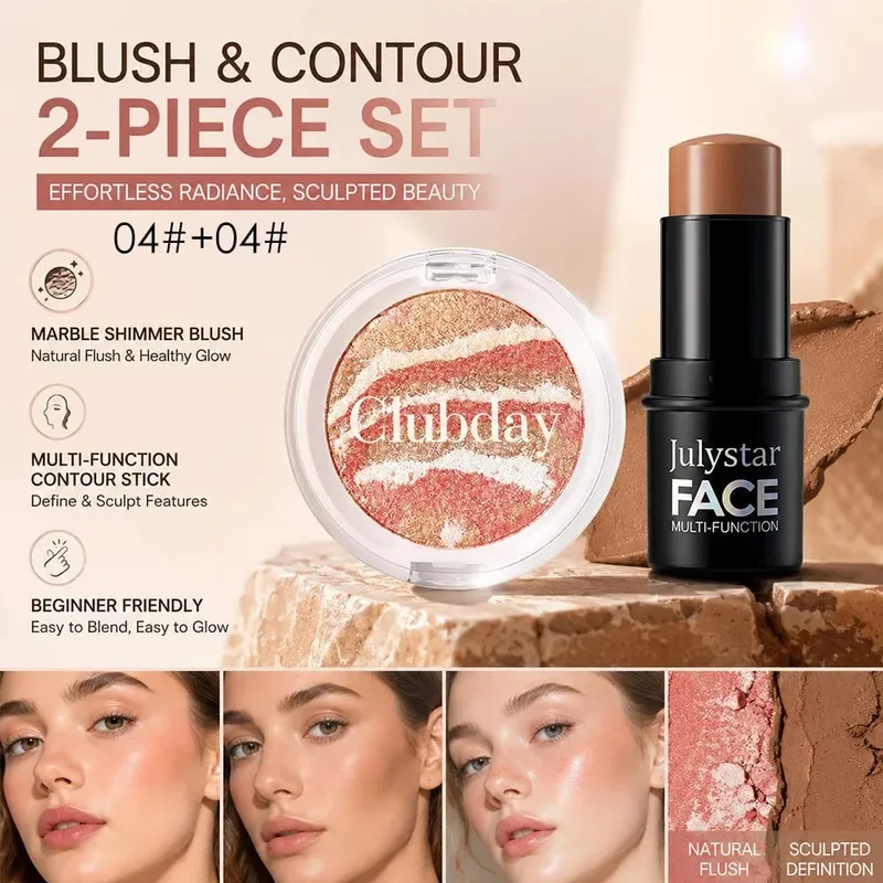 Blush & Contour 2‑Piece Set Marbled Baked Blush Powder & Contour Stick Blendable for Natural Sculpted Daily Face Makeup — image 5