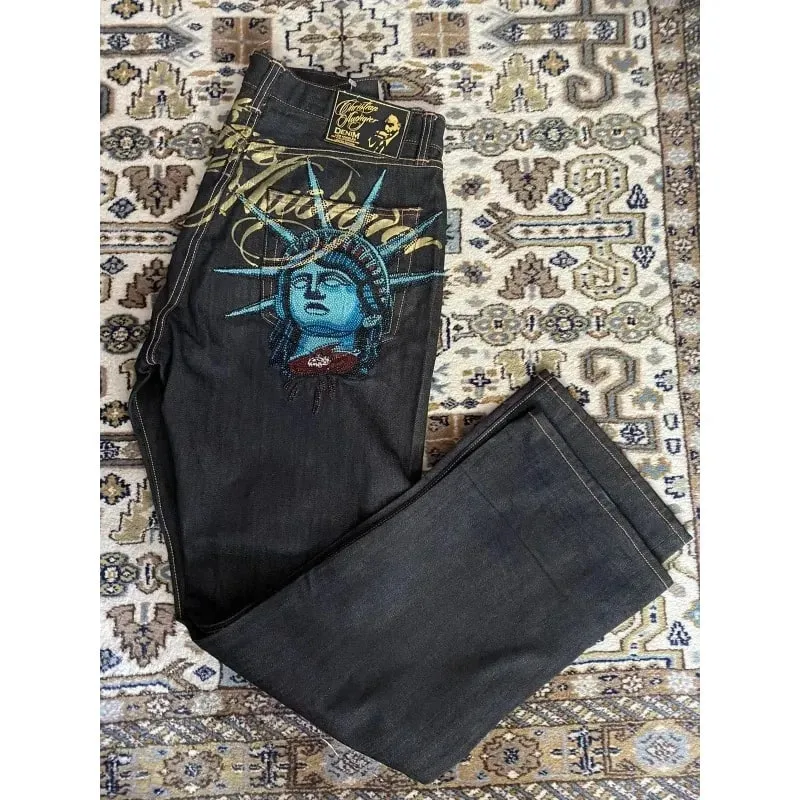 American vintage Liberty Goddess diamond jeans high-waisted straight-cut wide-leg jeans Y2K casual Ins street wear long pants — image 6