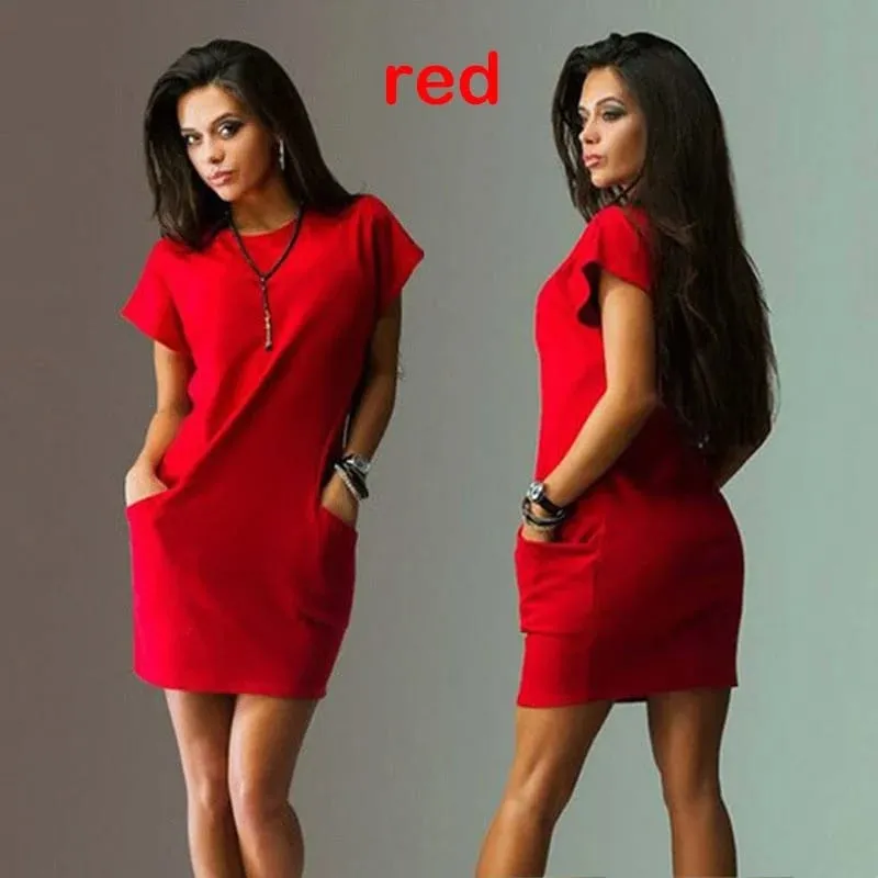 Summer Fashion Women Dress Solid Color Mini O Neck Office Pockets Dresses Casual Short Sleeve Chic Party A-Line Basic Clothing — image 3