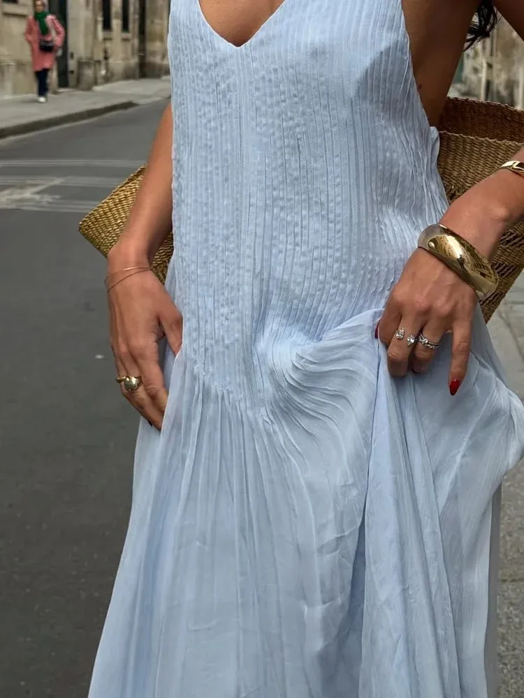 Robe longue plissée de couleur unie pour femmes, Sexy, élégante, sans manches, bretelles, dos nu, Slim Fit, Robe de plage, de fête — image 6
