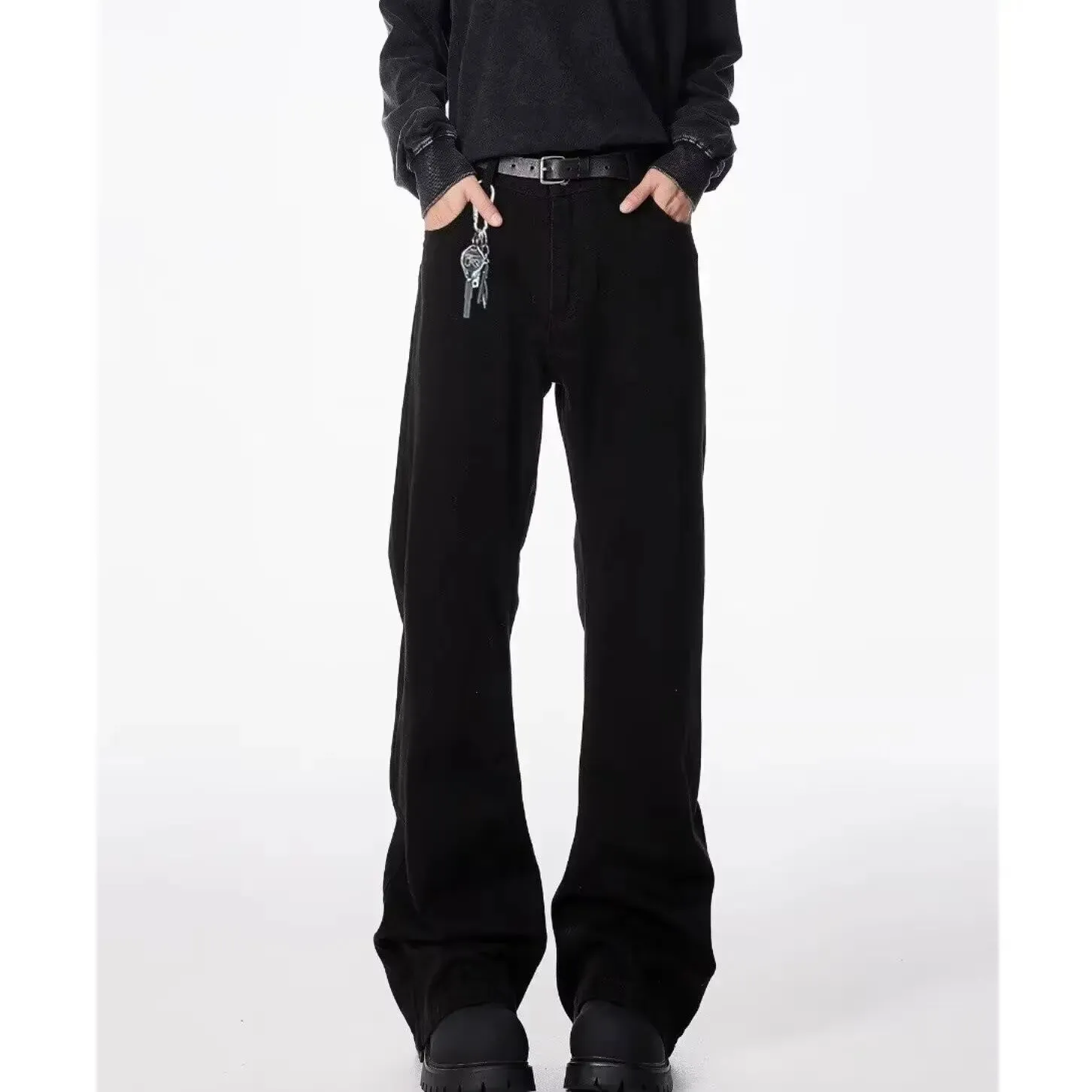 American basic washed black micro flared jeans men's stretch straight leg solid color slim fit straight leg versatile pants — image 3