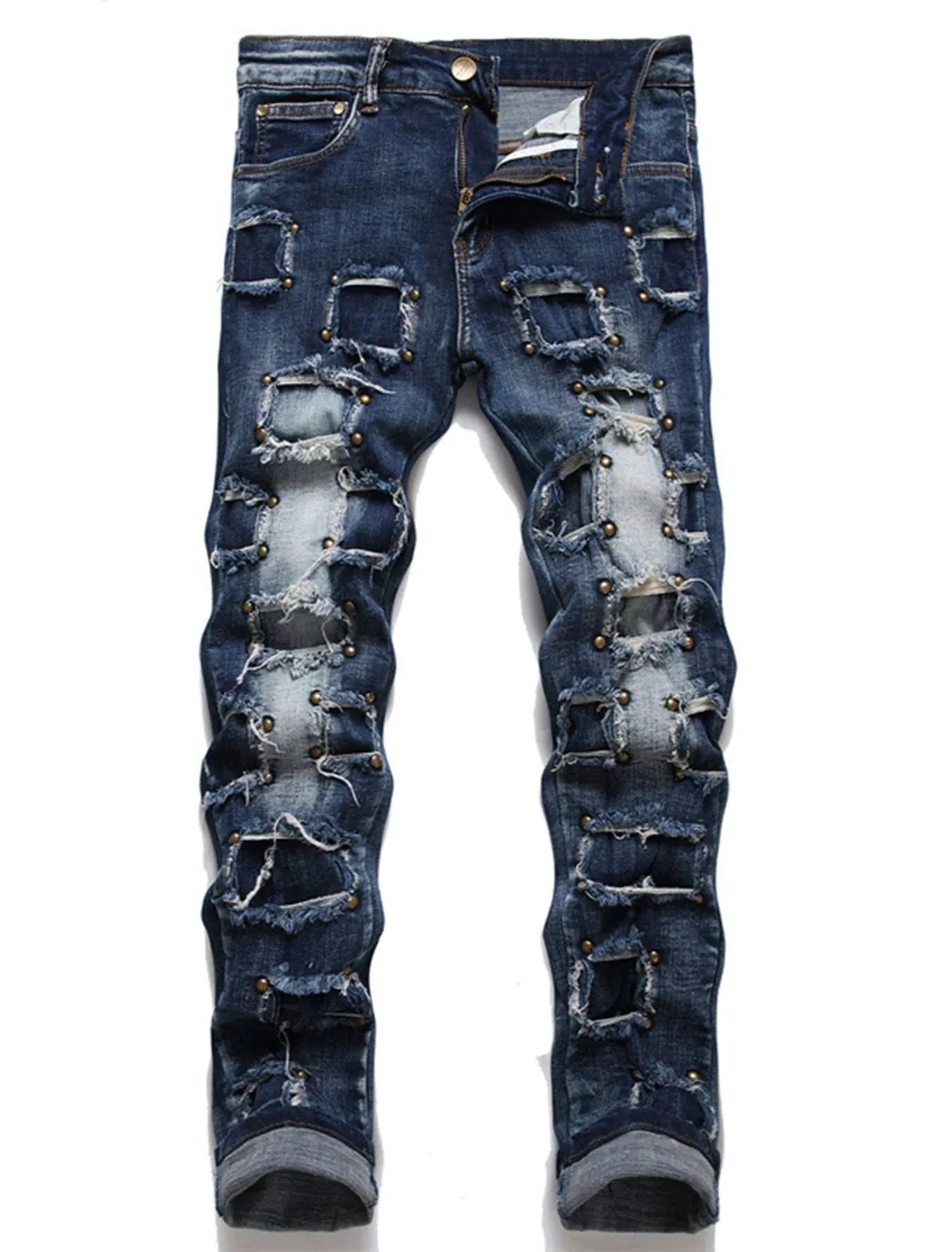 New punk men's jeans with nail beads multiple holes patchwork beggar style men's fashion street personality small straight — image 2