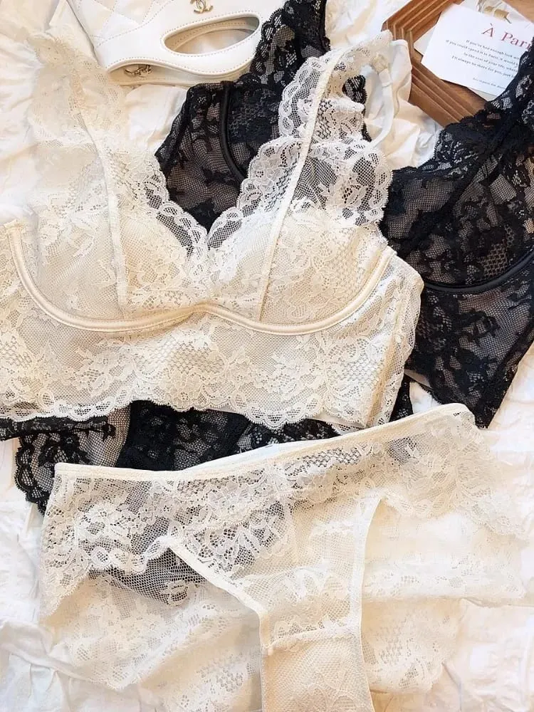 Lace Bralette Set - Wireless Anti Sagging Bra Adjustable Breathable Lingerie No Underwire Comfort Thin Sexy Everyday Wear